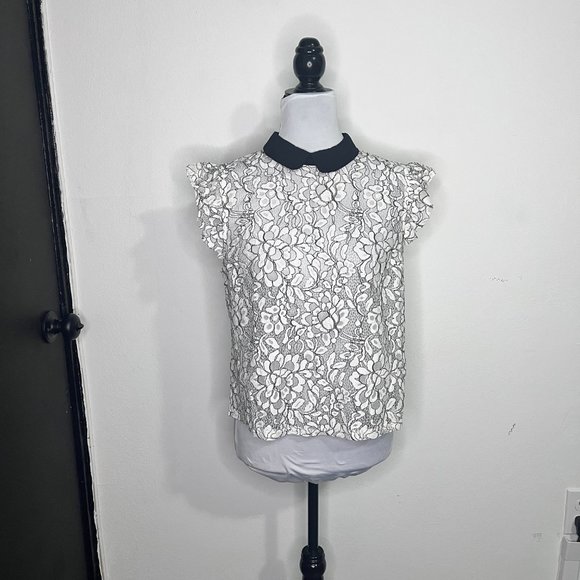 Forever 21 White Floral Lace See Thru Sleeveless Top with Black Collar Size L - Picture 2 of 7